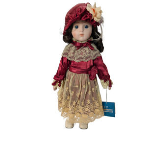 Marian Yu Porcelain Doll 16” Red Dress Lace Hat w/ COA Tag Box Vintage